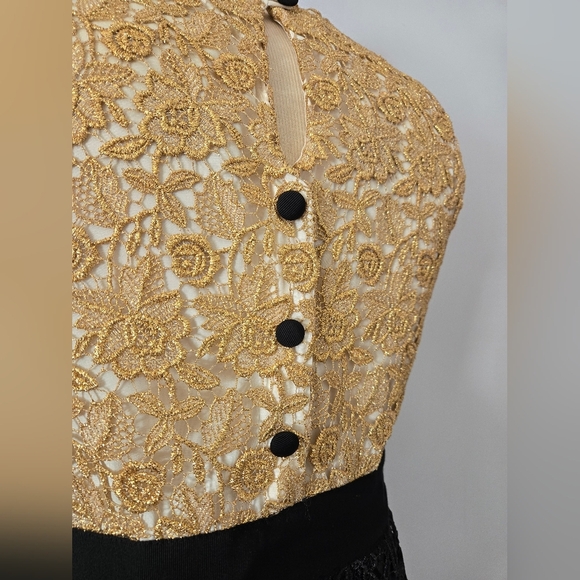MILLY OF NEW YORK Gold and Black Lace Midi Dress with Waist Bow. Size 4 - Picture 8 of 16